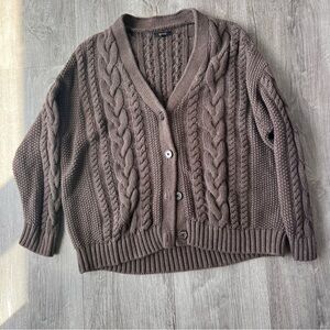 Quince 100% Organic Cotton Brown Oversized Cable Knit Cardigan Size Small